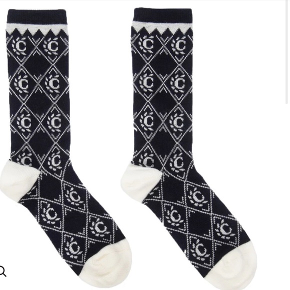 Girls logo crew socks designer Chloe kids large navy blue white  argyle France - Picture 1 of 2